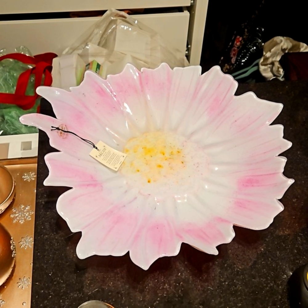 Vintage Turkish Glass Flower Bowl Akcam Turkish Art Iridescent Pearl Centerpiece